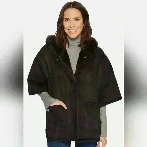 Lauren Ralph Lauren Zip Front Black Faux Fur Shearling Hooded Cape Women's NWT - Picture 1 of 16